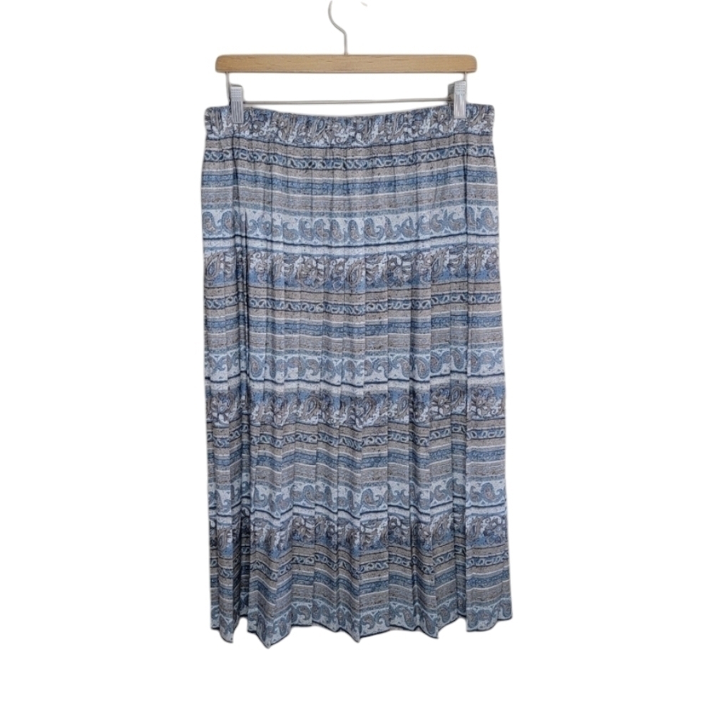 Koret | Pleated Blue Tan Striped Paisley Print Midi Skirt with Elastic Waist